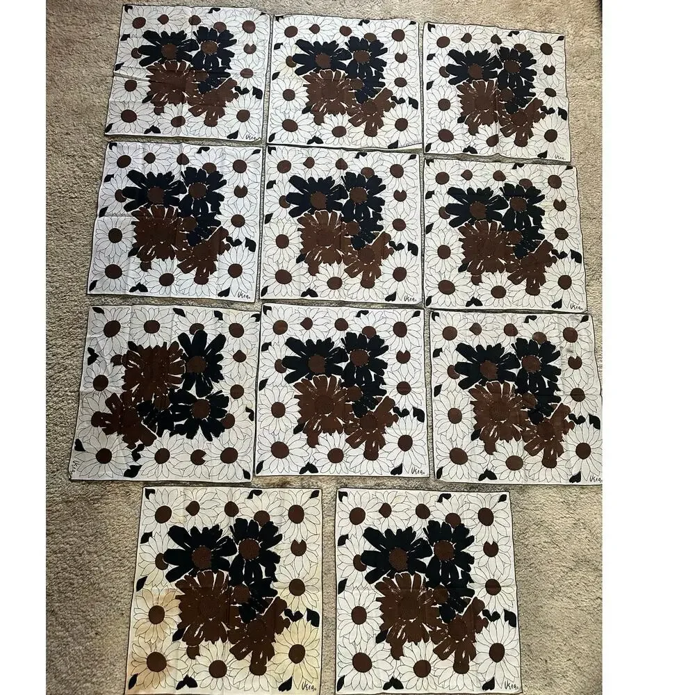 Vera Newman Napkins Set of 11 Floral daisies 16” Cotton brown white Mcm retro